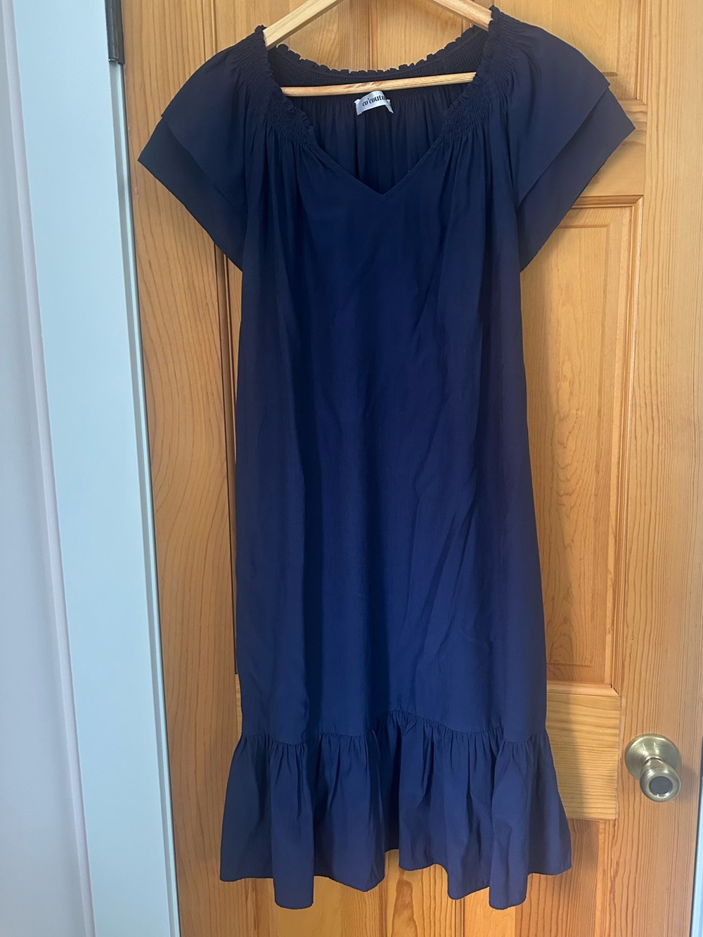 Co'Couture Navy Blue Short-Sleeve V-Neck Midi Dress with Ruffle Hem